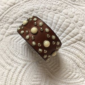 Leather Cuff Bracelet with Faux Pearls